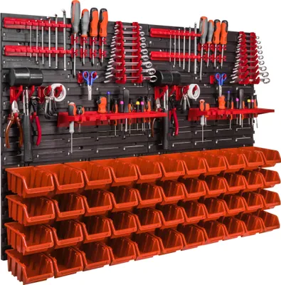 A wall-mounted tool organizer with various tools and storage bins.