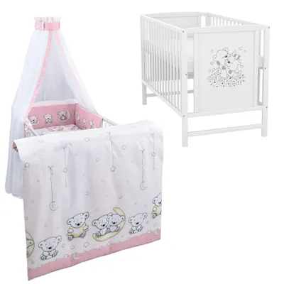 Produktbild von Baby-Delux Babybett Gitterbett Mia weiß 120×60 inkl. Matratze Bettwäsche Set 10tlg Teddy Mond Rosa