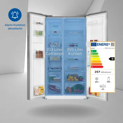 Produktbild von Exquisit Side by Side SBS560-050D inoxlook | 562 l Nutzinhalt | NoFrost | Alarm | Umluftventilator