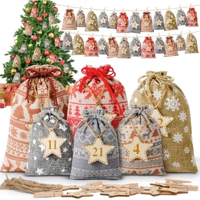 Obrázek produktu pro Adventní kalendář k naplnění: 24 kusů látkových sáčků s dřevěnými číslicemi, ideální pro vánoční dekorace, vhodné pro děti i dospělé