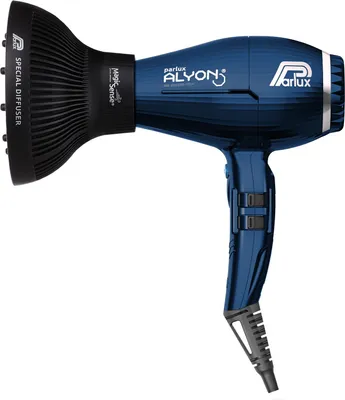 A blue Parlux hair dryer with a black diffuser attachment, shown against a white background.