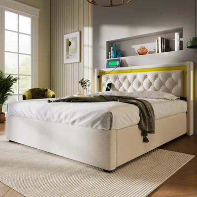 Produktbild von MODFU Boxspringbett Hydraulisches 160 x 200 cm mit USB Typ C Ladefunktion Kopfteil, Polsterbett Funktionelles mit lattenrost, Doppelbett Stauraumbett mit Bettkasten Stauraum, Baumwolle Beige(Ohne Matratze)