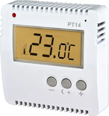 A digital thermostat is shown against a white background.