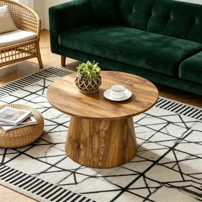 Productafbeelding van Ronde salontafel, natuurhoutlook, MDF, diameter 60 cm, hoogte 35 cm, met houtdecoratiefolie, bijzettafel