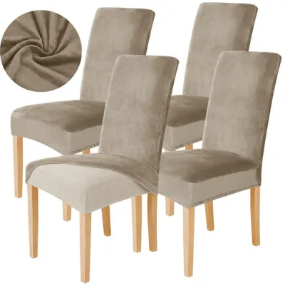 Produktbild von Stuhlhusse Stretch Beige - Samt - 4 Stück - Universal - Esszimmer Stuhlbezug
