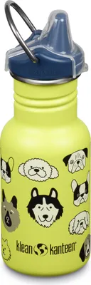 A yellow Klean Kanteen sippy cup with a blue lid and a pattern of dog faces.