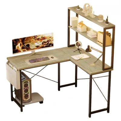 Produktbild von AIORBER L-Form Gaming Schreibtisch 148cm mit LED Beleuchtung USB Anschlüssen Eck Computertisch Bürotisch mit Regal und Aufbewahrung Beige