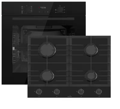 Produktbild von Böhme Einbaubackofen HB60F78PPB mit versenkbare Knebel, Schwarz Glas + Gasline Gaskochfeld GAG60GLG 60cm Schwarz Glaskeramik mit 4 Brennern