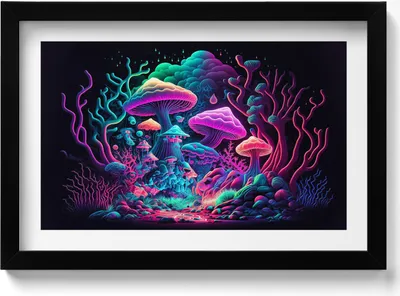 Produktbild von Neon-Pilze– Wandbild mit Rahmen – Gerahmtes Bild  – Wanddekoration – 30x20 cm –  Schwarz Rahmen