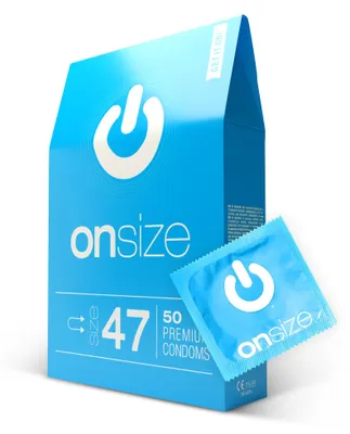 Obrázek produktu pro ON) Kondomy ONsize I šířka 47 mm I 50 kusů I tenká stěna 0,07 mm I prémiová jemnost I veganské I pro muže