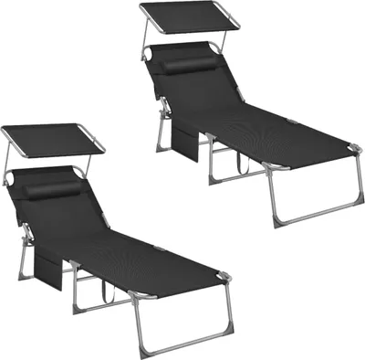 Two black folding lounge chairs with canopies and side pockets are shown against a white background.