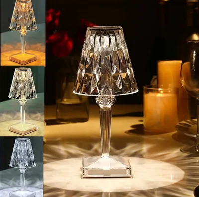 A collage of images showing a crystal LED desk lamp in different lighting conditions and colors.