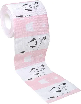 A roll of toilet paper with a wedding theme pattern.
