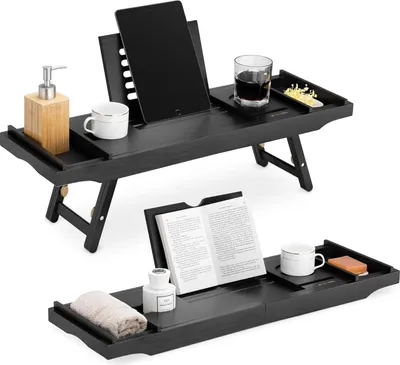Produktbild von Schwarzes Holz-Badewannen-Tablett, ausziehbar, mit Buchablage und Weinglasablage