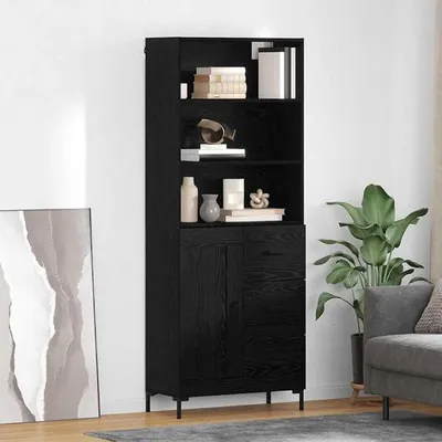 Productafbeelding van Hoogwaardige dressoir, zwarte eikenlook, 69,5 x 34 x 180 cm, gemaakt van houtvezel, met 3 lades en een deur, geschikt voor woonkamer, hal of eetkamer, moderne kast