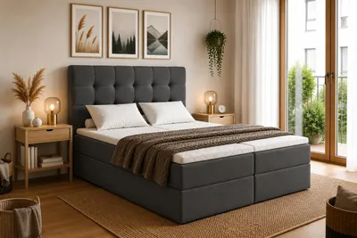 Produktbild von MODERN ROOM Boxspringbett mit Bettkasten KARINN 120x200 dunkelgrau, H3 geflechtes Stoff Polsterbett Matratze Topper Doppelbett Bett für Schlafzimmer, KI-generiertes Bild