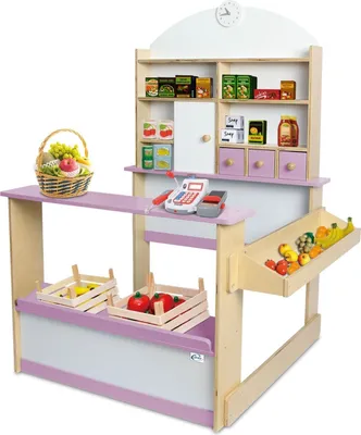 Produktbild von Kaufladen Kinder Kaufmannsladen Holz Verkaufsstand mit 3 Schubladen Schrank Uhr Theke Seitentheke Farbe Rosa