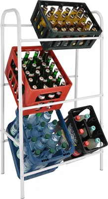 A white metal rack holding several crates of bottles.