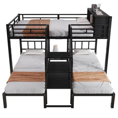 Produktbild von Eisenbett,Etagenbett,Mit drei Schlafplätzen,Bequeme Treppe mit Handläufen,Stabile Bettgestellstruktur,Oberes Bett mit Stauraum,90x200cm+140x200cm