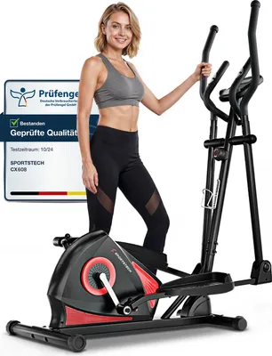 A woman is posing next to a Sportstech CX608 crosstrainer. There is a certification badge in the background.