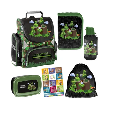 Produktbild von Schulranzen für Jungen und Mädchen, 6er-Set - Schul-Rucksack für Kinder mit Federmäppchen - Schuhbeutel Trinkflasche und Brotdose - Game Motiv