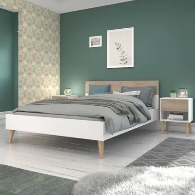 Produktbild von Bett, AALBORG, 160 x 200 cm, Weiß/Eiche, Skandinavisches Design, 22 mm Spanplatten