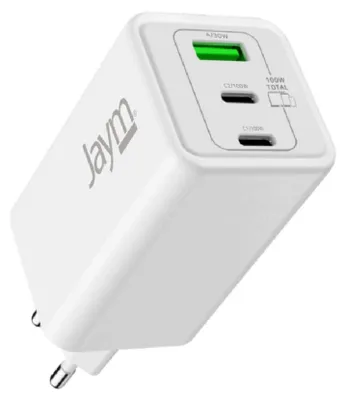 Immagine prodotto di Jaym, caricabatterie GaN da 5A e 100W (massimo), con 2 porte USB-C e 1 porta USB-A, compatibile con PD-PPS, colore bianco