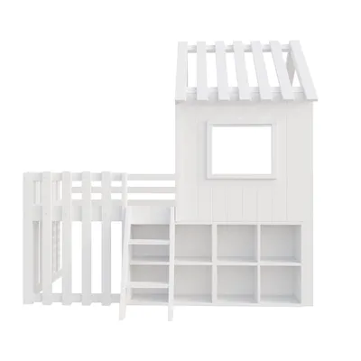 Produktbild von Merax Etagenbett Hausbett 90x200 mit Dach, Kinderbett mit Fenster und Stauraum, Spielbett aus Kiefernholz und Aufbewahrungsboxen, sicher, Weiß