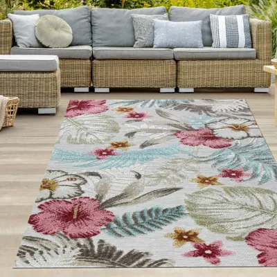 Produktbild von In- & Outdoor Teppich Hoch-Tief Effekt pflegeleicht wetterfest Blumen Muster Türkis Bunt Größe - 140 x 200 cm