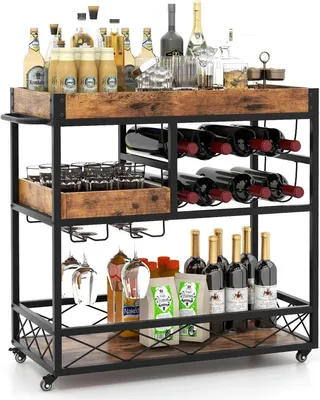 Produktbild von KOMFOTTEU Servierwagen mit abnehmbarem Tablett, Küchenwagen mit 8 Weinregalen & Glashalter, Rollwagen Barwagen für Küche Bar 80x40x83cm