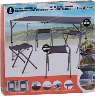 Produktbild von Camp Active Campingtisch-Set - Campingtisch mit 4 Hockern - Klappbar - Leicht - Kompakt - Stabil - Grau