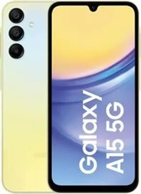 A yellow Samsung Galaxy A15 5G smartphone is shown from the front and back.