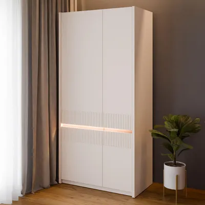 Produktbild von Forte OAK SQUERE Kleiderschrank 90 100, eleganter Schrank mit 2 Türen und Beleuchtung, Holzwerkstoff, 95,3 cm breit x 197,9 cm hoch x 52 cm tief
