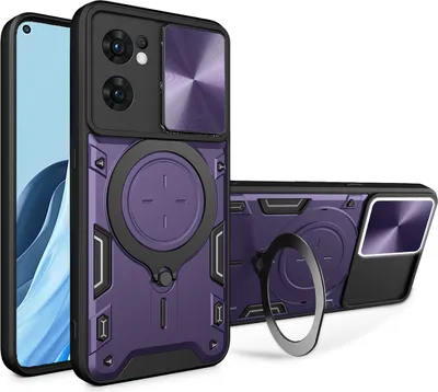 Produktbild von Handyhülle für Oppo Reno7 5G Dual-Layer Stoßfest Rüstung Hülle mit Dia Kameraschutz und Kreisförmig Ring Ständer Lila