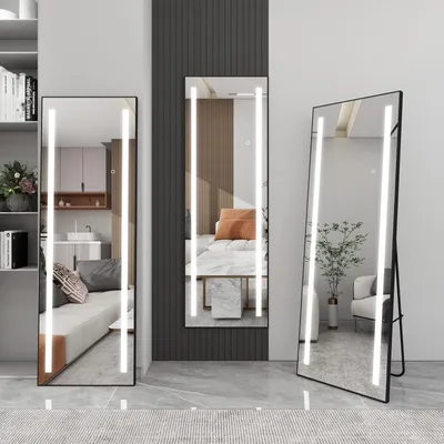 Obrázek produktu pro Celoplošné zrcadlo Puluomis 150x50 cm se stmívatelným osvětlením ve 3 barvách, s horizontálním/vertikálním hliníkovým rámem pro montáž na stěnu nebo pro postavení/stojící