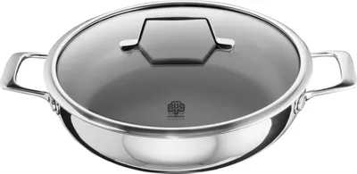 A top-down view of a stainless steel pot with a glass lid.