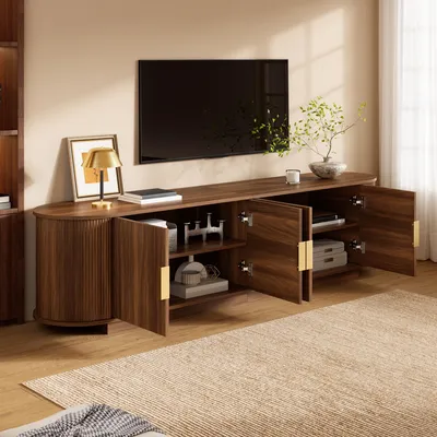 Produktbild von MODFU TV-Lowboard mit 4 Türen in Wellenstruktur und Metallgriffe,TV-Schrank 180 cm,Fernsehbank mit Stauraum,Nussbaum