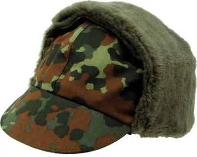 A close-up studio shot of a camouflage winter hat with fur trim.