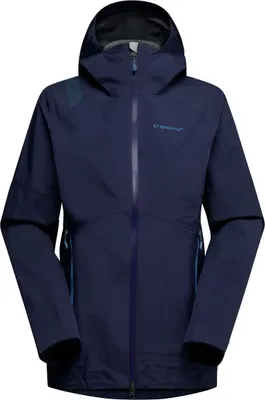 Dunkelblaue Hardshelljacke für Damen; Modell "Roseg GTX Jkt W" von La Sportiva; mit Kapuze und Reißverschluss.
