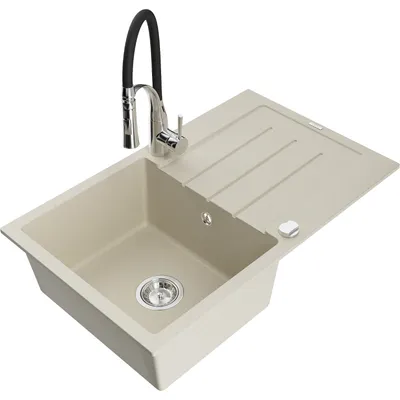 Obrázek produktu pro Mexen Bruno 1-miskový granitový dřez s odkapávačem a kuchyňskou baterií Aster, Béžová - 6513-69-73450-07