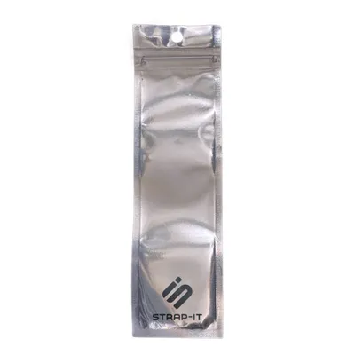 A silver resealable pouch with a black logo and text on it, isolated on a white background.