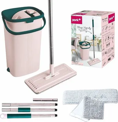 Zdjęcie produktu dla Zestaw mopa Unyqoos® – płaski, obrotowy mop z wiadrem dwukomorowym, funkcją wyciskania, do użytku na mokro i sucho, oszczędzający miejsce, odpowiedni do wszystkich rodzajów podłóg