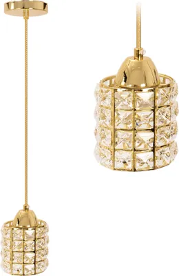 A pendant light fixture with a gold-colored base and a cylindrical shade made of clear, faceted crystals. The fixture is shown both as a complete unit hanging from a cord and as a close-up of the shade. The background is plain white.
