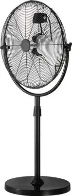 A black stand fan is shown against a white background.
