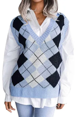 Produktbild von Ärmellose Damen-Strickweste mit V-Ausschnitt, kariert, locker, lässig, stylisch, hautfreundlich, ideal für Herbst und Winter, Blau, Größe S