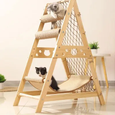 Obrázek produktu pro Strom pro kočky, výška 85 cm, pro kočky, 2 škrabadla, 1 houpací síť, 1 bambule, z konopné tkaniny, dřevo
