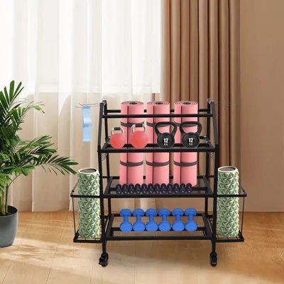 Obrázok produktu pre Stojan na činky – stojan na závažia – fitness stojan – stojan na závažia – organizér do posilňovne – oceľový trojposchodový stojan s 4 kolieskami