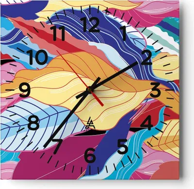 Produktbild von Wanduhr - Quadrat - Glasuhr - Muster Blätter bunt - 40x40cm - Schleichendes Uhrwerk - Lautlos - zum Aufhängen bereit - Dekoration Modern - Wanddekoration aus Glas - C4AC40x40-4269
