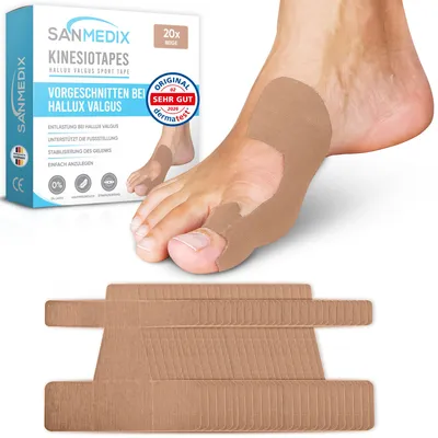 Produktbild von SANMEDIX Hallux Valgus Tape – 20 vorgeschnittene Kinesiologie-Tapes, Beige