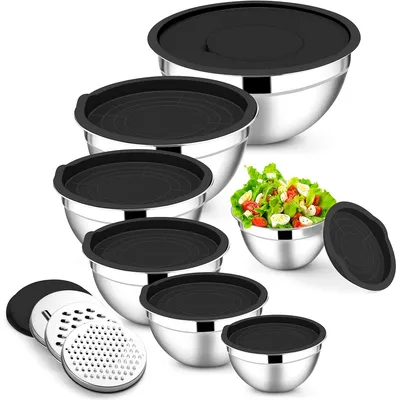 Produktbild von salatschüssel und rührschüssel set mit deckel, 5er-set, stapelbar, rostfrei, mit reibenaufsätzen, für küche und haushalt,0.8L/1.1L/1.4L/1.8L/2.3L